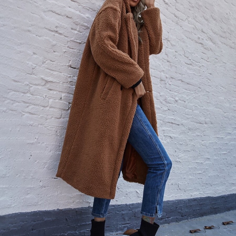 Brown mocha collar long teddy trench coat sherpa - Picture 5 of 6